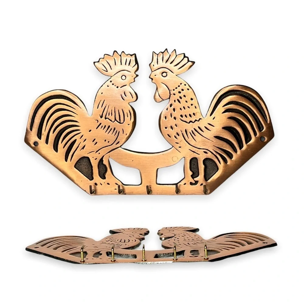 Cast Iron Copper Plated Double Rooster‎ Five Key Hook Holder 11”x6.5”